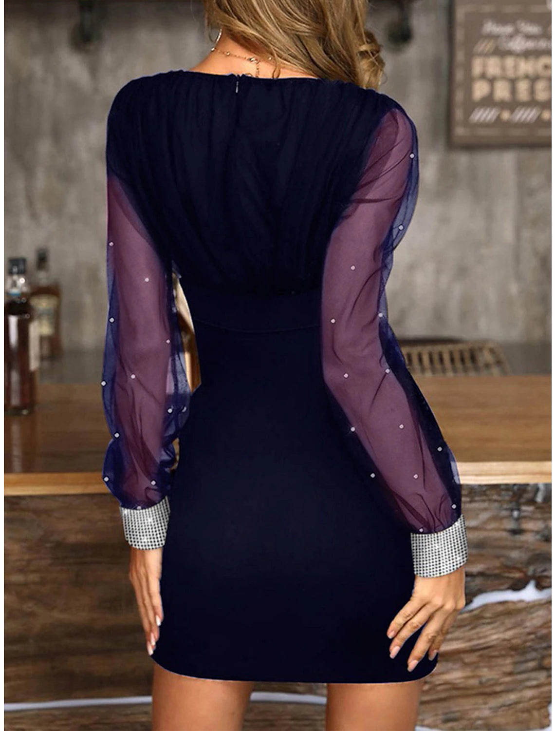 Abito da festa di Natale da donna, abito da ballo, abito da cocktail, abito corto aderente, nero, blu, manica lunga, colore puro, arricciato, autunno, inverno, scollo a V, moda, vacanza